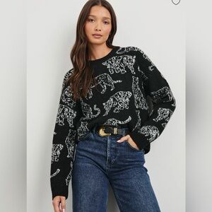 Rails Perci Black & White Leopard Jacquard Crewneck Sweater, Size Medium